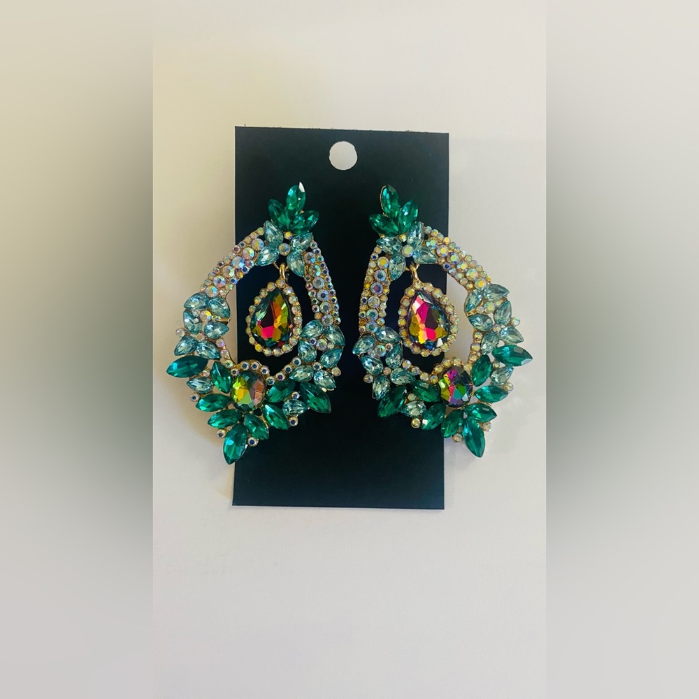 Teal Teardrop Crystal Statement Earrings